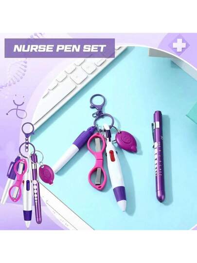 طقم أقلام كرة متعددة الوظائف قابلة للسحب 6 في 1 كاشف ضوئي مقص قابل للطي قلم حبر جاف سلسلة مفاتيح أقلام ممرضة علامة دائمة