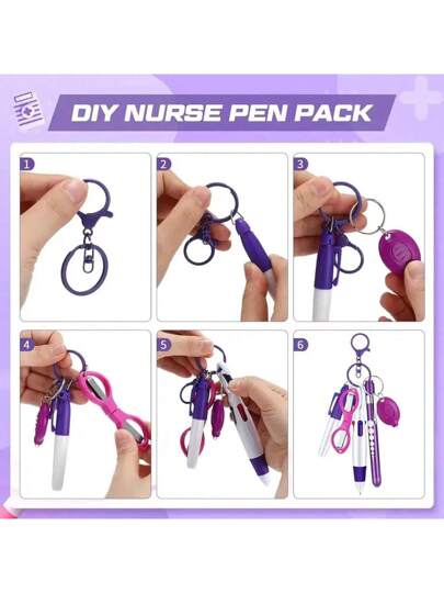 طقم أقلام كرة متعددة الوظائف قابلة للسحب 6 في 1 كاشف ضوئي مقص قابل للطي قلم حبر جاف سلسلة مفاتيح أقلام ممرضة علامة دائمة