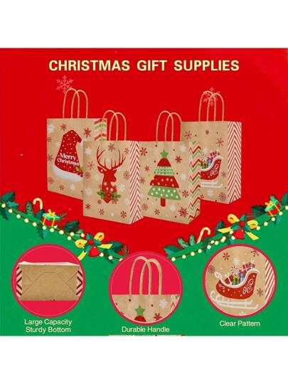 6/ 12/ 18 حقيبة هدايا عيد الميلاد ، أكياس ورق كرافت مع مقابض ، أكياس للحلوى والأطعمة في عيد الميلاد ، أكياس هدايا الحفلات ، أكياس تسوق ، لوازم الحفلات ، أكياس هدايا الحرف ، ديكور أعياد الميلاد ، عيد الميلاد