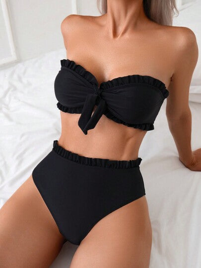 Swim Basics بكيني بدل سباحة صيفية للنساء بلون أحادي مع حواف مكشكشة وعقدة أمامية،بدلة سباحة قطعتين لباس السباحة الأسود