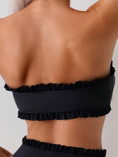 Swim Basics بكيني بدل سباحة صيفية للنساء بلون أحادي مع حواف مكشكشة وعقدة أمامية،بدلة سباحة قطعتين لباس السباحة الأسود