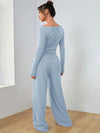 SHEIN EZwear مجموعة بنطلون جيوب وبلوزة كم طويل رقبة طاقم لون أحادي للنساء مناسبة للرياضة 2 قطعة