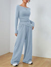 SHEIN EZwear مجموعة بنطلون جيوب وبلوزة كم طويل رقبة طاقم لون أحادي للنساء مناسبة للرياضة 2 قطعة