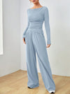 SHEIN EZwear مجموعة بنطلون جيوب وبلوزة كم طويل رقبة طاقم لون أحادي للنساء مناسبة للرياضة 2 قطعة