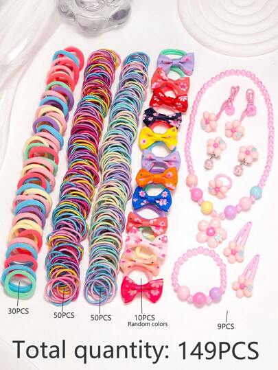 طقم ملحقات شعر للأطفال 149قطعة/مجموعة، شاملاً فيونكات متعددة الألوان، أزهار، قلائد، أساور، خواتم، أقراط