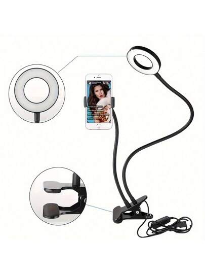 مصباح مكتب معدني ثنائي الاستخدام مع إطار إضاءة ودعامة للهاتف، ليس مقاوم للماء، مصباح مثبت للقراءة وتسجيل الفيديو والدراسة بإضاءة ليد مع حامل ثلاثي القوائم مرن وحامل للهاتف، متوافق مع هواتف آيفون وأندرويد لأغراض تصوير السيلفي وتسجيل الفيديو وعقد اجتماعات ا