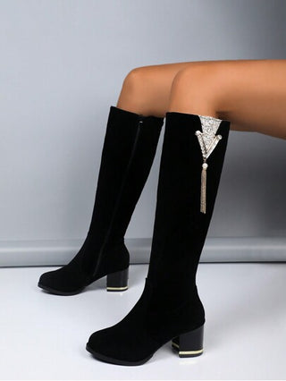 بوت جلد أسود عالية الركبة للنساء مع أهداب جديدة، بوت طويلة بكعب سميك عالي الكعب دافئة تنحيف الساق مع سوستة جانبية