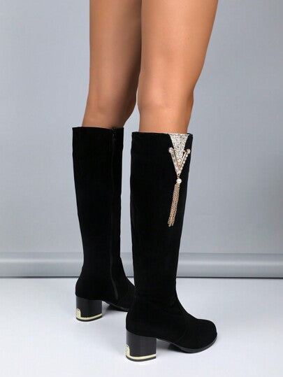 بوت جلد أسود عالية الركبة للنساء مع أهداب جديدة، بوت طويلة بكعب سميك عالي الكعب دافئة تنحيف الساق مع سوستة جانبية