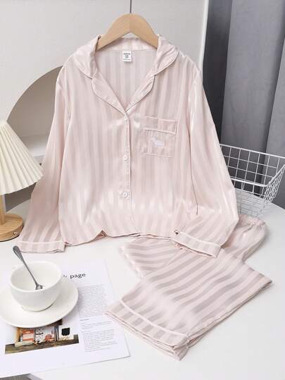 بيجاما مجموعة بنطلون وسترة كاجوال للفتيات المراهقات مخطط بسيط 2 قطعة