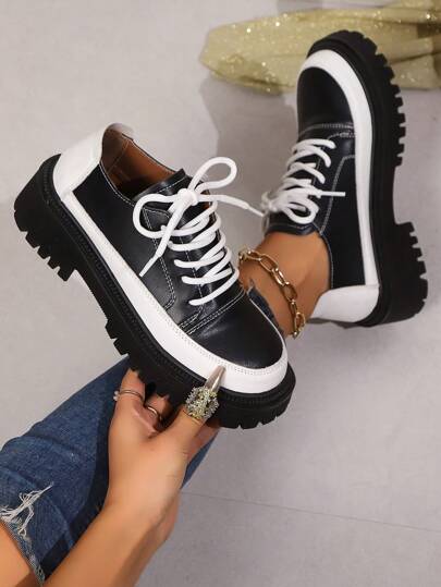 أحذية أوكسفورد حريمي أحذية أكسفورد منصة وسميكة لسيدات، بطراز بريطاني كاجوال من الجلد مربوطة بأربطة، أصابع قدم مدورة وكعب سميك، شقق عصرية، وصولات جديدة لربيع/خريف