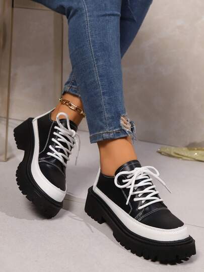 أحذية أوكسفورد حريمي أحذية أكسفورد منصة وسميكة لسيدات، بطراز بريطاني كاجوال من الجلد مربوطة بأربطة، أصابع قدم مدورة وكعب سميك، شقق عصرية، وصولات جديدة لربيع/خريف