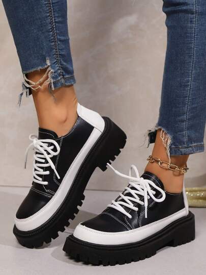 أحذية أوكسفورد حريمي أحذية أكسفورد منصة وسميكة لسيدات، بطراز بريطاني كاجوال من الجلد مربوطة بأربطة، أصابع قدم مدورة وكعب سميك، شقق عصرية، وصولات جديدة لربيع/خريف