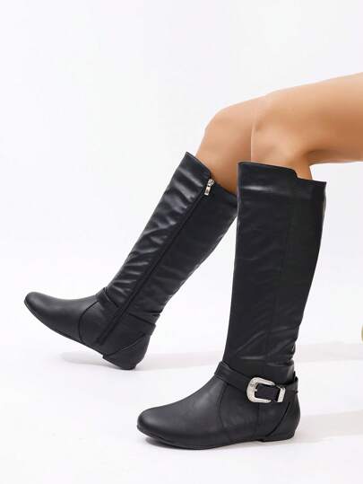 بوت كاجوال منتصف الساق ذات رأس مستدير وسحاب جانبي أسود للنساء