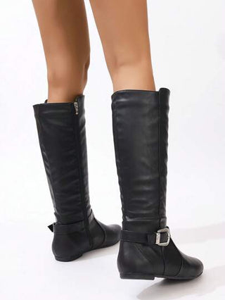 بوت كاجوال منتصف الساق ذات رأس مستدير وسحاب جانبي أسود للنساء