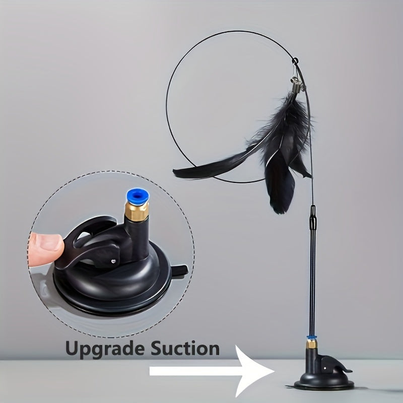 عصا القطط الاصطناعية من الألياف، قاعدة بقبعة شفط قوية، قضيب سلك معدني مرن، مناسبة لجميع القطط للعب تفاعلي وتسلية الذات