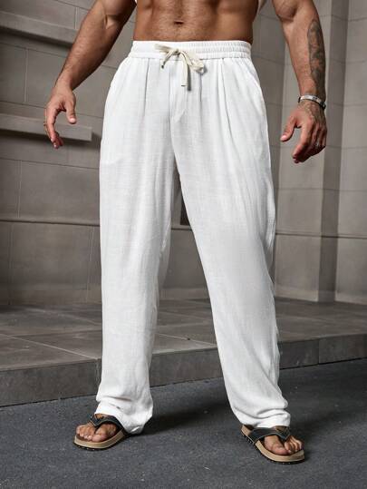 Manfinity CasualCool بنطلون أبيض كتاني مع خصر مطاطي للرجال، بناطيل كتان أبيض كاجوال عادية للرجال للمناسبات والإجازات اليومية، بناطيل كتان أبيض طويلة مستقيمة عادية للخروج ، هدية للزوج والحبيب