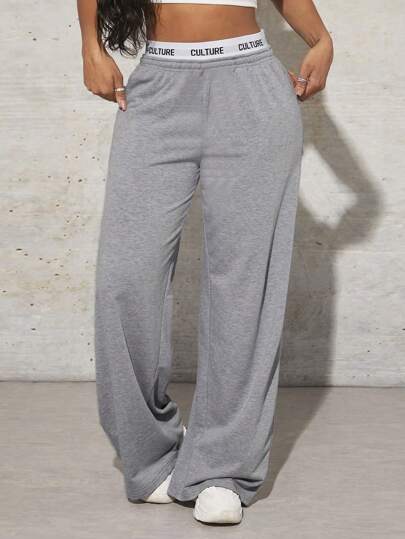 SHEIN بنطلون بساق واسعة للبنات المراهقات بخصر مضفر بطباعة حرفية كاجوال مصنوع من التريكو