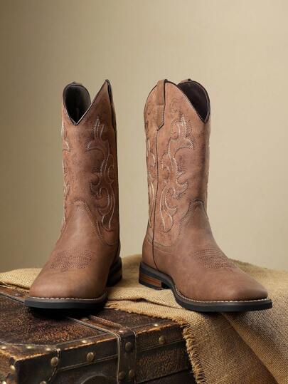 بوت كاوبوي ذات رقبة عالية بأصابع مدببة للرجال، بوت كاوبوي ركوب غربية للخريف/الشتاء