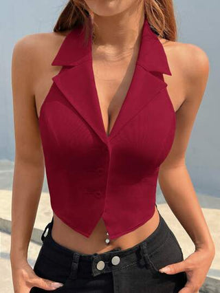 EZwear بليزر نسائي بياقة منسوجة أحمر غامق