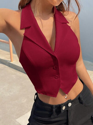 EZwear بليزر نسائي بياقة منسوجة أحمر غامق