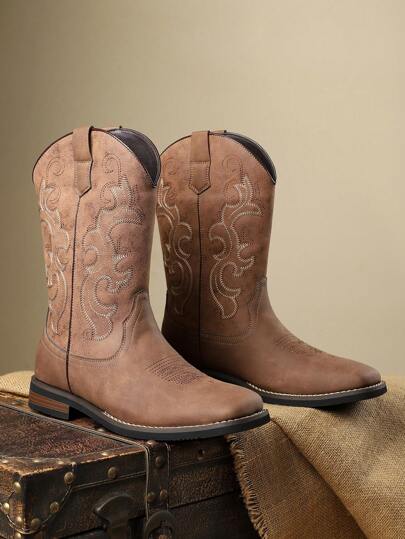 بوت ركوب حتى الكاحل للرجال ذات سحاب جانبي مطرز، بوت ذات أصابع مدببة ناعمة القاع، موديل جديد للخريف والشتاء