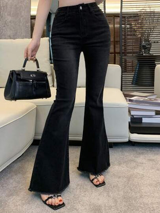 DAZY سراويل جينز نسائية ضيقة بخصر عالٍ وذيل محنك عتيق، أسود