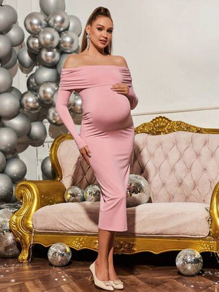 Loomaby فستان أنيق طويل الأكمام بدون أكتاف مطوي مناسب للحمل
