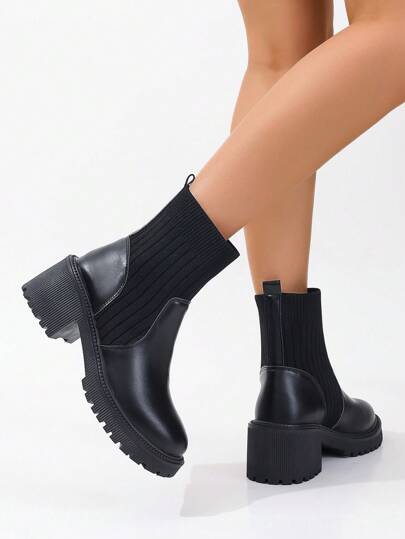 بوت جوارب منصة مصنوعة من الحياكة البسيطة للنساء باللون الأسود ، بوت للعطلة الصيفية ، بوت للعودة إلى المدرسة ، بوت للطلاب الجامعيين ، للهالوين ، عيد الميلاد ، الاستخدام اليومي ، الخارجي ، بوت دراجات نارية ذات بطانة سميكة ومطاطية
