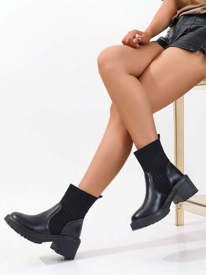 بوت جوارب منصة مصنوعة من الحياكة البسيطة للنساء باللون الأسود ، بوت للعطلة الصيفية ، بوت للعودة إلى المدرسة ، بوت للطلاب الجامعيين ، للهالوين ، عيد الميلاد ، الاستخدام اليومي ، الخارجي ، بوت دراجات نارية ذات بطانة سميكة ومطاطية