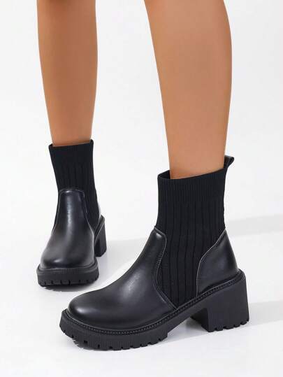 بوت جوارب منصة مصنوعة من الحياكة البسيطة للنساء باللون الأسود ، بوت للعطلة الصيفية ، بوت للعودة إلى المدرسة ، بوت للطلاب الجامعيين ، للهالوين ، عيد الميلاد ، الاستخدام اليومي ، الخارجي ، بوت دراجات نارية ذات بطانة سميكة ومطاطية