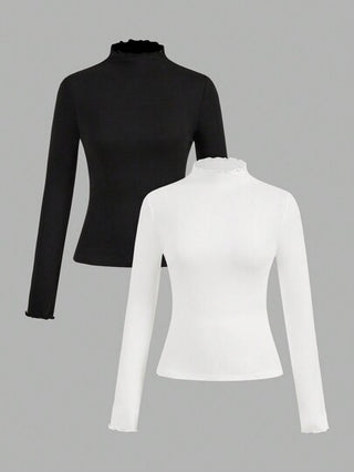 EZwear مجموعة من 2 قطعة قميص داخلي أساسي بياقة عالية وأكمام طويلة، لون أسود وأبيض، قطعة مرنة للاستخدام في فصلي الخريف والشتاء
