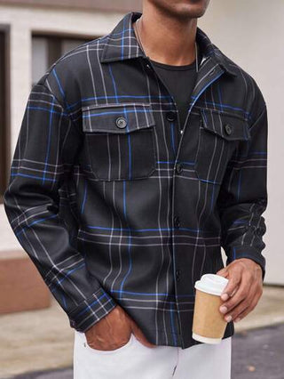 Manfinity Homme جاكيت كاجوال فضفاضة محبوكة، أكمام طويلة وجيوب كارجو مخطط، خريف وشتاء