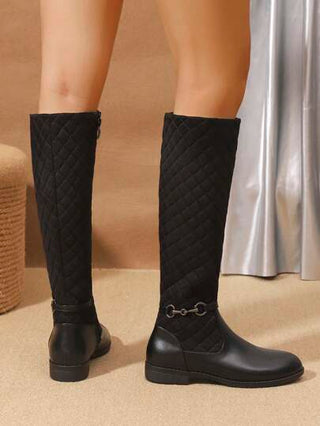 2024 موديل جديد لخريف/شتاء، بوت طويلة حتى الركبة من النساء مريحة للخارج مانعة للانزلاق، مزركشة بزخارف معدنية باللون الأسود، متعددة الاستخدامات كاجوال، سحاب جانبي للكاحل المتوسط، بنعل سميك وأصابع مستديرة على طراز بوت كاوبوي الغربية