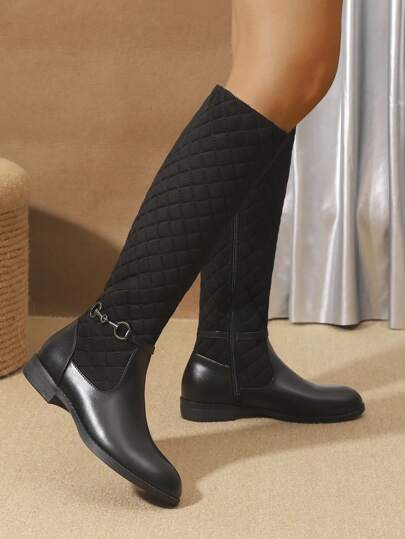 2024 موديل جديد لخريف/شتاء، بوت طويلة حتى الركبة من النساء مريحة للخارج مانعة للانزلاق، مزركشة بزخارف معدنية باللون الأسود، متعددة الاستخدامات كاجوال، سحاب جانبي للكاحل المتوسط، بنعل سميك وأصابع مستديرة على طراز بوت كاوبوي الغربية