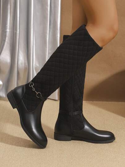 2024 موديل جديد لخريف/شتاء، بوت طويلة حتى الركبة من النساء مريحة للخارج مانعة للانزلاق، مزركشة بزخارف معدنية باللون الأسود، متعددة الاستخدامات كاجوال، سحاب جانبي للكاحل المتوسط، بنعل سميك وأصابع مستديرة على طراز بوت كاوبوي الغربية