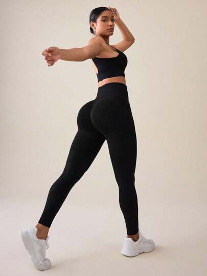 Seamluxe SHEIN Sport سروال رياضي للنساء دون غرز، ضيق، يرفع أخذ البطن، مسيطر على الخصر، يغري المؤخرة، للرياضة واللياقة البدنية، سراويل صالة ألعاب رياضية للركض والدراجات والبيكليبول والتمارين الرياضية