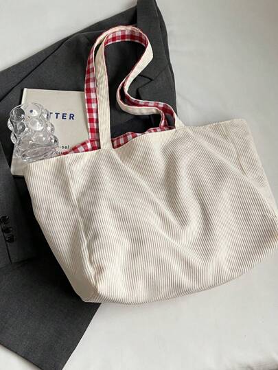 حقيبة قماشية بيج مطرزة بنمط كلب لطيف قابلة للطي قطعة واحدة، حقيبة كتف ذات سعة كبيرة قابلة للحمل من الجانبين، حقيبة تسوق للنساء