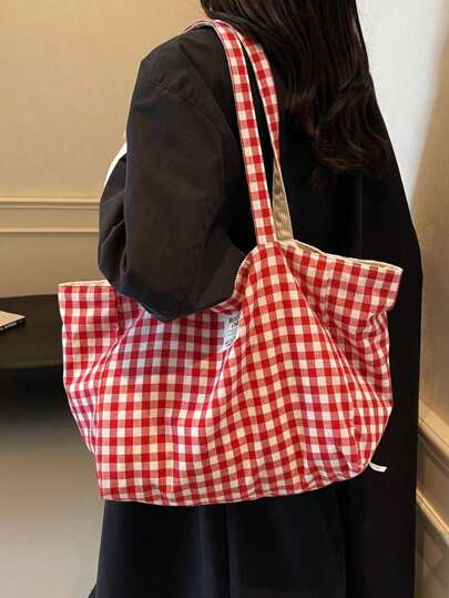 حقيبة قماشية بيج مطرزة بنمط كلب لطيف قابلة للطي قطعة واحدة، حقيبة كتف ذات سعة كبيرة قابلة للحمل من الجانبين، حقيبة تسوق للنساء