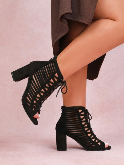 بوت الكاحل السوداء واسعة المقاس للنساء، موضة جديدة ربيع صيف، بوت كعب عالٍ مفتوحة الأصابع، قابلة للتنفس، سحاب خلفي، رباط، مريحة للخارج، كعب سميك، بوت كعب