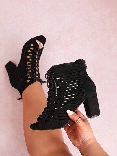 بوت الكاحل السوداء واسعة المقاس للنساء، موضة جديدة ربيع صيف، بوت كعب عالٍ مفتوحة الأصابع، قابلة للتنفس، سحاب خلفي، رباط، مريحة للخارج، كعب سميك، بوت كعب