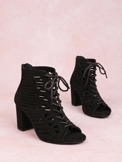 بوت الكاحل السوداء واسعة المقاس للنساء، موضة جديدة ربيع صيف، بوت كعب عالٍ مفتوحة الأصابع، قابلة للتنفس، سحاب خلفي، رباط، مريحة للخارج، كعب سميك، بوت كعب