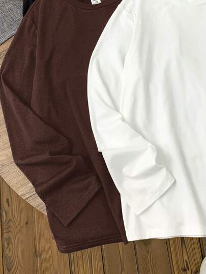 طقم أساسي 4 قطع من القمصان البوليستر طويلة الأكمام بألوان سادة للفتى المراهق، كاجوال ومريح، قمصان أساسية للخريف والشتاء، الألوان: أسود، أبيض، بني