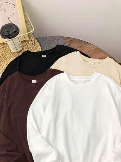 طقم أساسي 4 قطع من القمصان البوليستر طويلة الأكمام بألوان سادة للفتى المراهق، كاجوال ومريح، قمصان أساسية للخريف والشتاء، الألوان: أسود، أبيض، بني