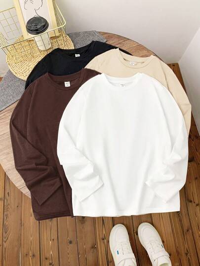 طقم أساسي 4 قطع من القمصان البوليستر طويلة الأكمام بألوان سادة للفتى المراهق، كاجوال ومريح، قمصان أساسية للخريف والشتاء، الألوان: أسود، أبيض، بني