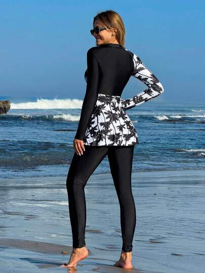 Swim Mulvari ملابس محجبات من قطعتين لفصل الصيف: ملابس علوية بأكمام طويلة مطبوع بزهور وبنطلون أحادي اللون ، زي عطلة شاطئي