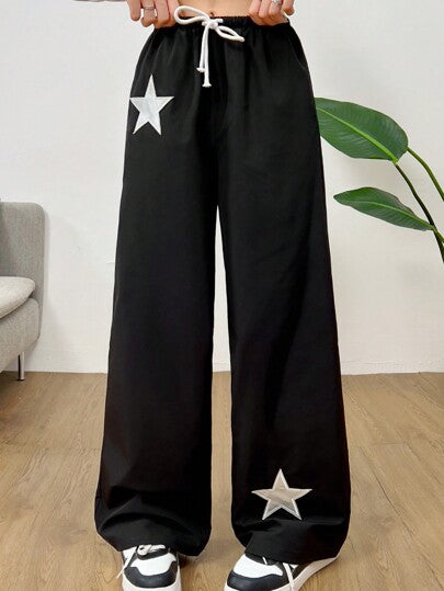 SHEIN بنطلون كاجوال بسحاب بنمط النجوم الأسود والتباين للبنات المراهقات، بنطلون رياضي متعدد الاستخدامات للشارع