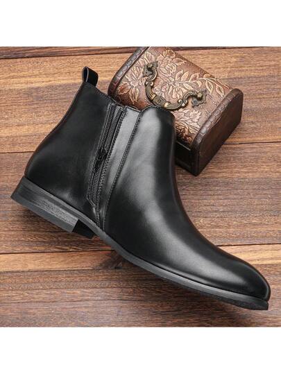 بوت تشيلسي رجالي، رسمي/كاجوال، سحاب جانبي، كعب خشبي مطاطي، جلد علوي مفنن ثنائي اللون، بوت كاحل كلاسيكي فينتاج