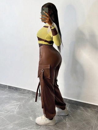 Slaydiva سروال بخصر عالٍ من جلد الغزال مع جيب وسحاب - رجل بني, بنطلون نساء كاجوال عصري - M