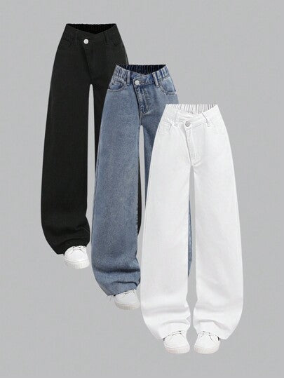 SHEIN مجموعة مكونة من 3 قطع للفتيات المراهقات، قمصان بأساور مطاطية، وسروال قصير بقصة غير متماثلة مع حافة خام, مع جيوب مسطحة ، أساسيات الأزياء اليومية