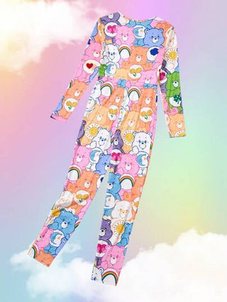 بيجاما X Care Bears جمبسوت نوم وملابس منزلية كاجوال مصنوعة من الحياكة الملونة بطباعة الشمس والقلب على شكل دب كرتوني للفتيات المراهقات